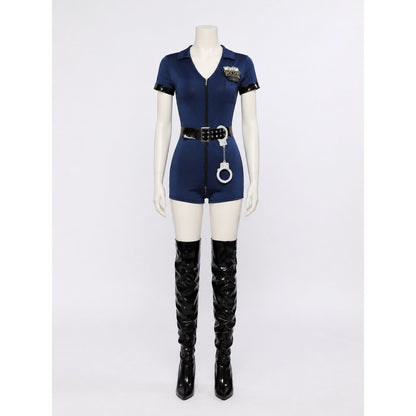 Police Costume Jumpsuit, Blue Zip-Up Set With Hat, Belt & Handcuffs For on-model view