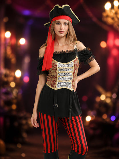 Women's Pirate Costume Set - Off-Shoulder Top, Striped Pants with Boots &