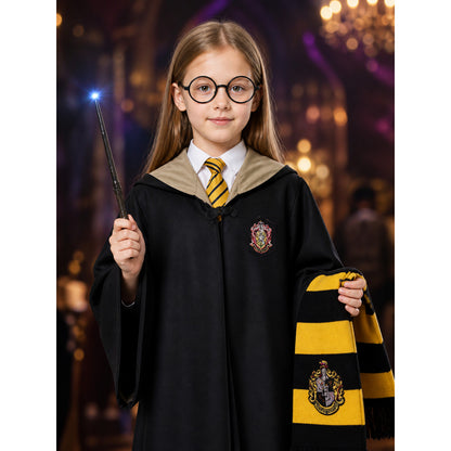 Wizard Robe Costume Set with Striped Scarf, Tie, Glasses and Wand on-model view