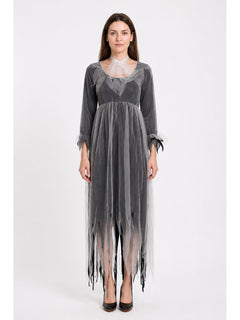 Ghost Bride Dress, Gray and Black, Long, Ragged Hem