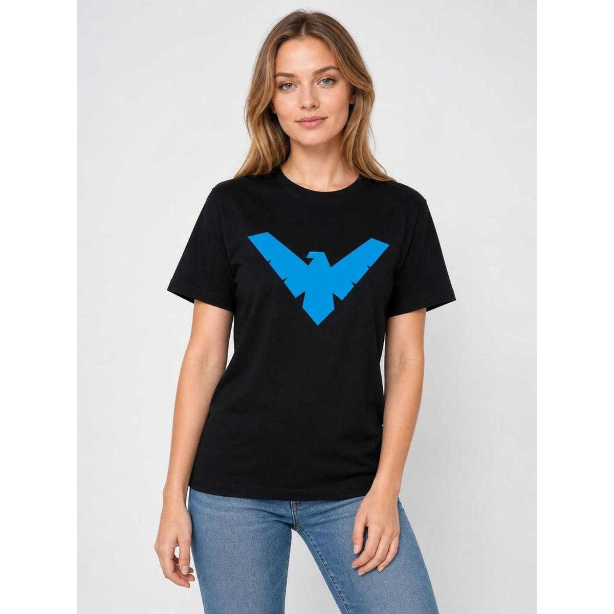 Black graphic-print T-shirt, short sleeve, everyday wear on-model view
