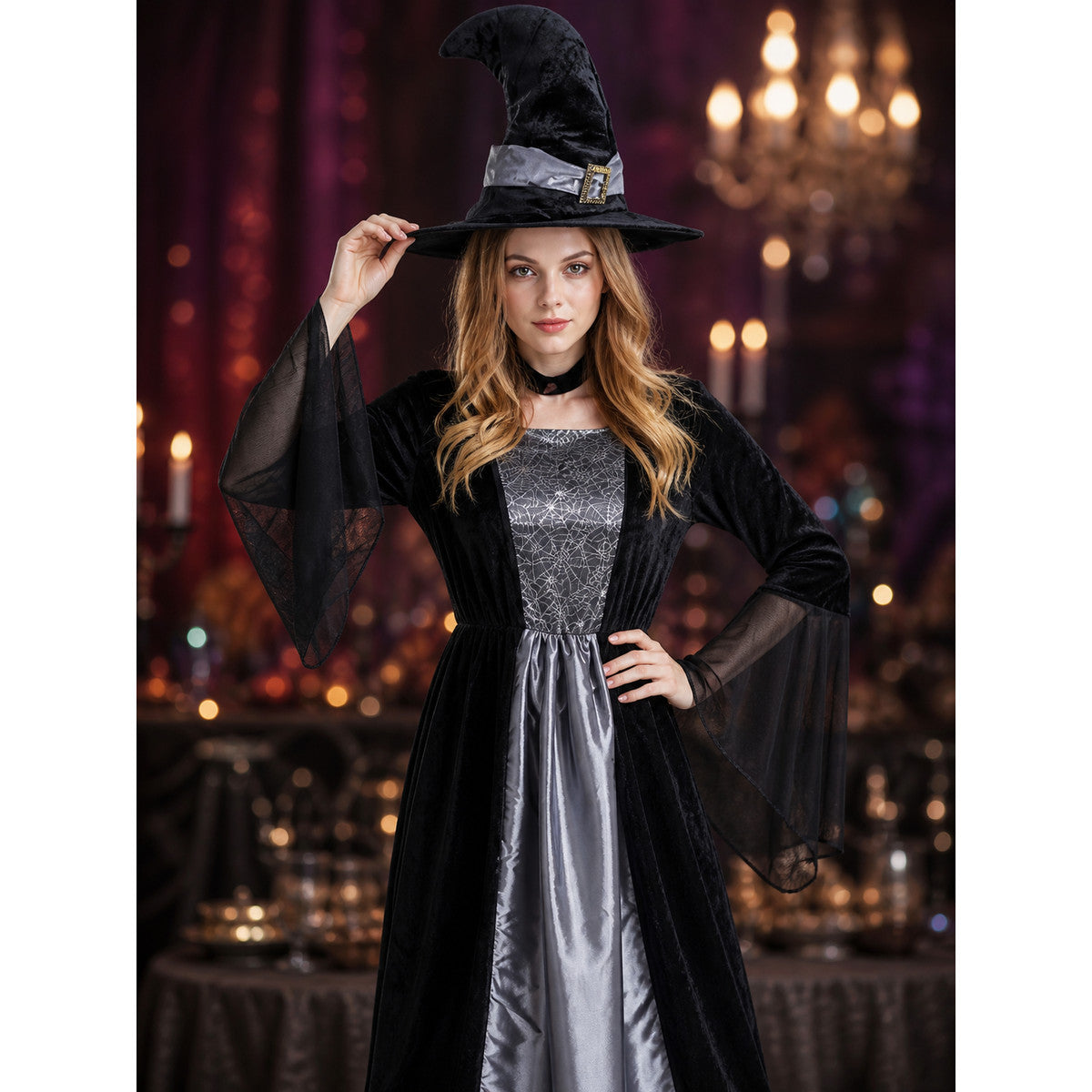 Witch Costume with Long Dress and Pointed Hat