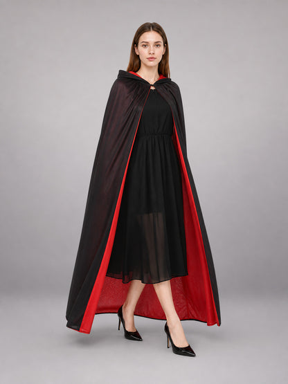 Black and Red Hooded Carnival Cloak front view