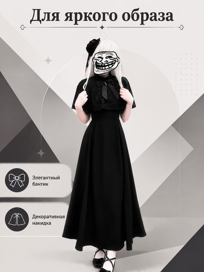 Black Retro-Style Dress with Cape and Bow main product view