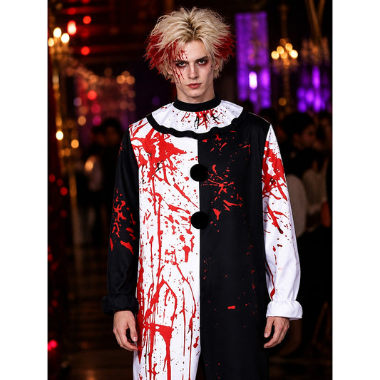 Men's Clown Costume Jumpsuit, Blood Splatter Print, Black White Halloween Outfit on-model view