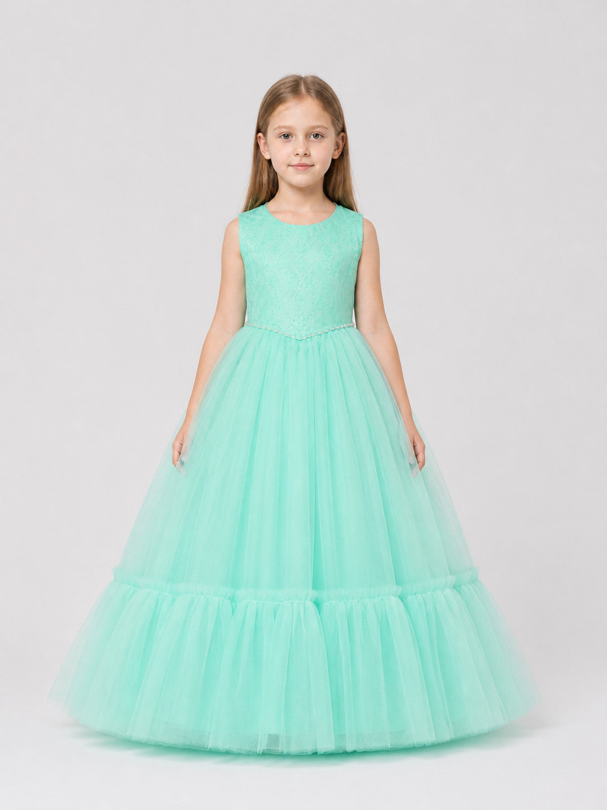 Full-Skirt Dress with Lace Bodice, Ruffles, and Belt on-model view