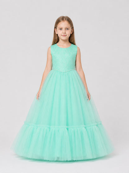Full-Skirt Dress with Lace Bodice, Ruffles, and Belt on-model view