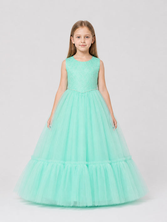 Full-Skirt Dress with Lace Bodice, Ruffles, and Belt on-model view