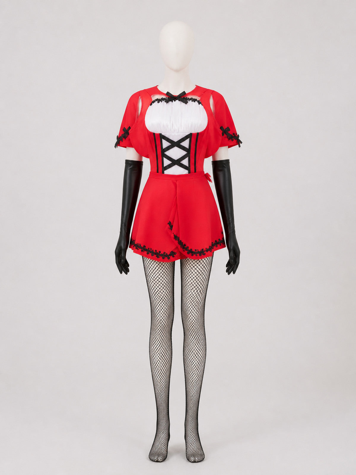 Gothic Little Red Riding Hood Costume with Cape and Gloves on-model view