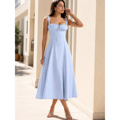 Women's light blue midi dress with a square neckline