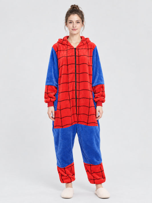 Red and Blue Hooded Pajama Jumpsuit