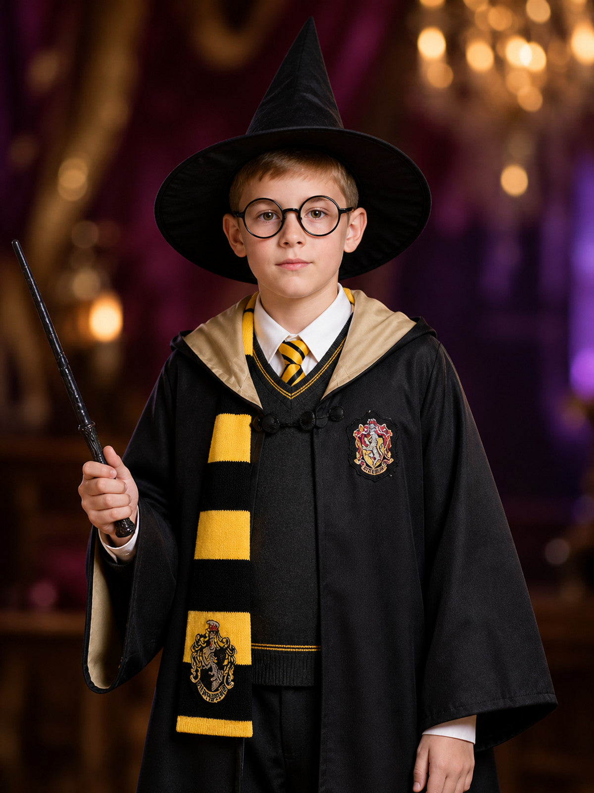 Kids Wizard Costume Set With Hooded Cloak, Hat, Scarf, Glasses, Vest, Shirt And