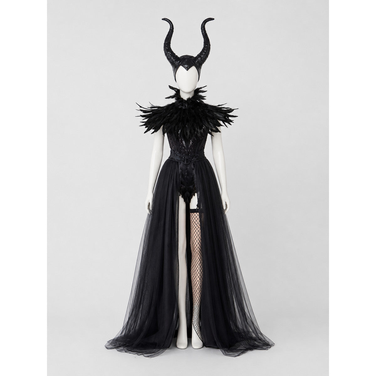 Black Fantasy Character Costume with Horned Headpiece