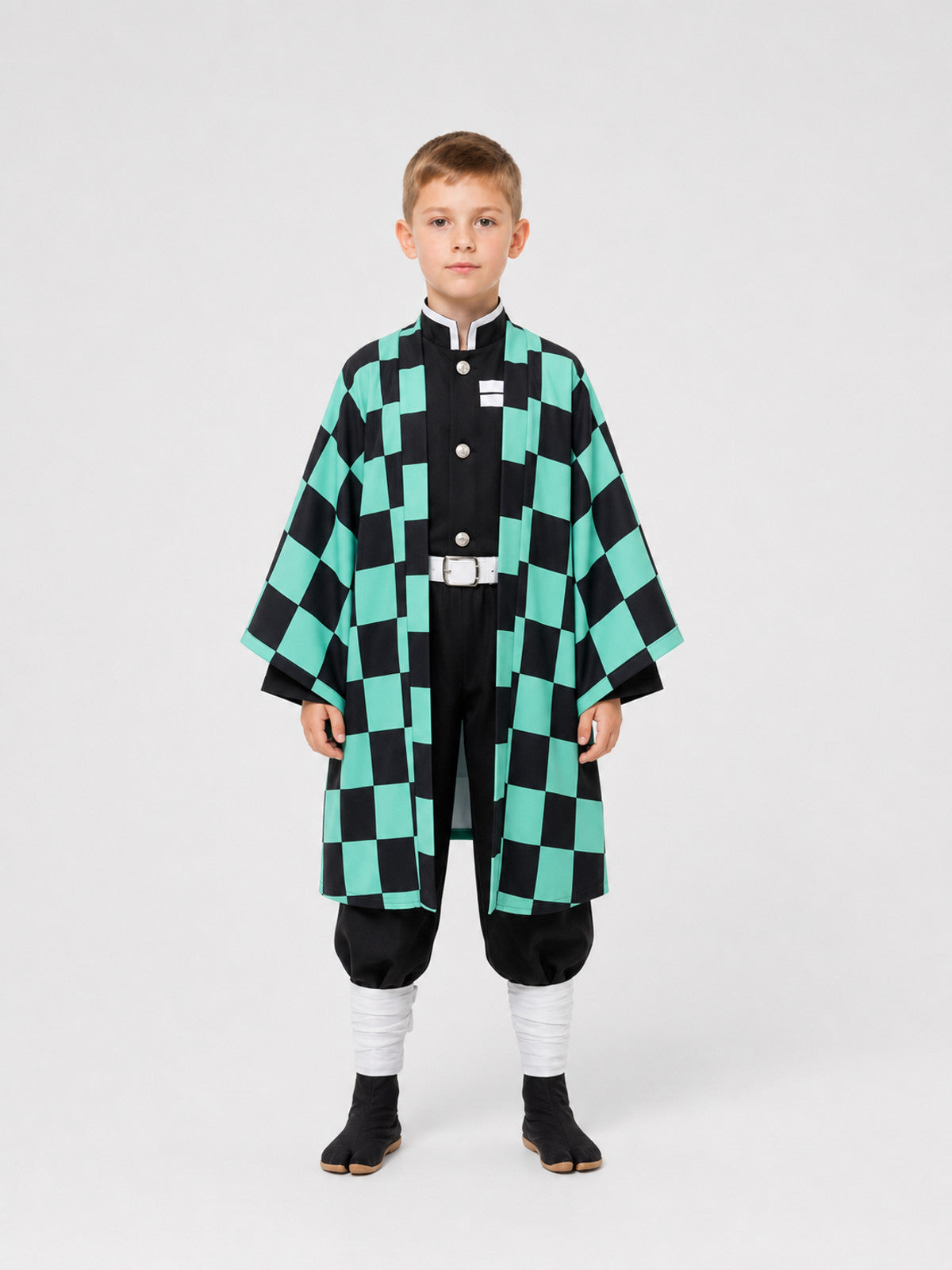 Tanjiro Cosplay: Costume with Checkered Cape, Set on-model view