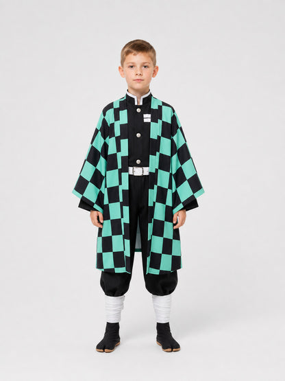 Tanjiro Cosplay: Costume with Checkered Cape, Set on-model view