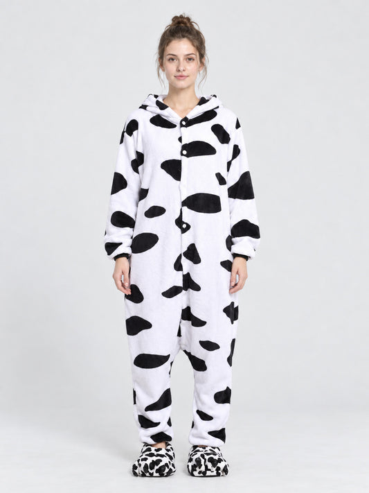 White Pajama Jumpsuit with Black Cow Print