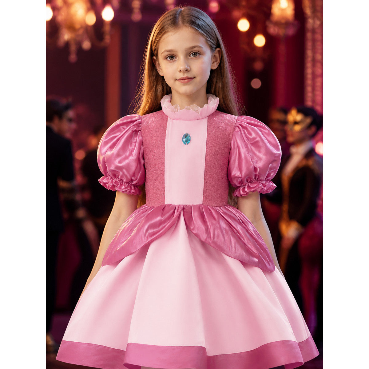 Girls Peach Princess Costume Dress, Puffy Sleeves Ball Gown Halloween Cosplay on-model view