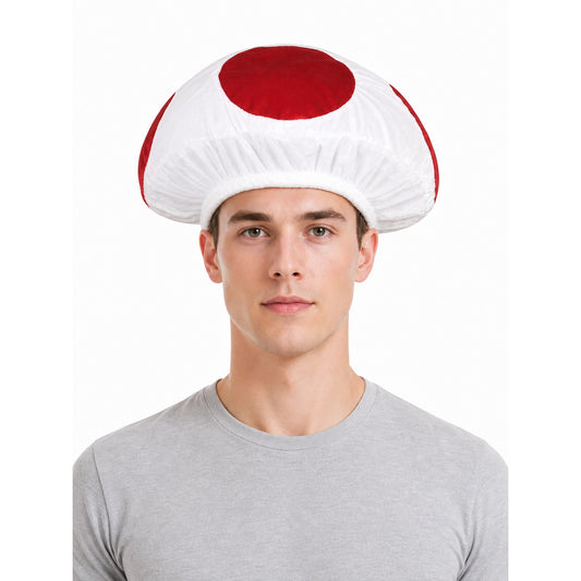 An unusual mushroom-shaped headpiece will be a noticeable detail of a costume, themed party, or stage look. The design has a playful style and resembles a large mushroom hat: a rounded, voluminous crown with a full gathered shape and a wide