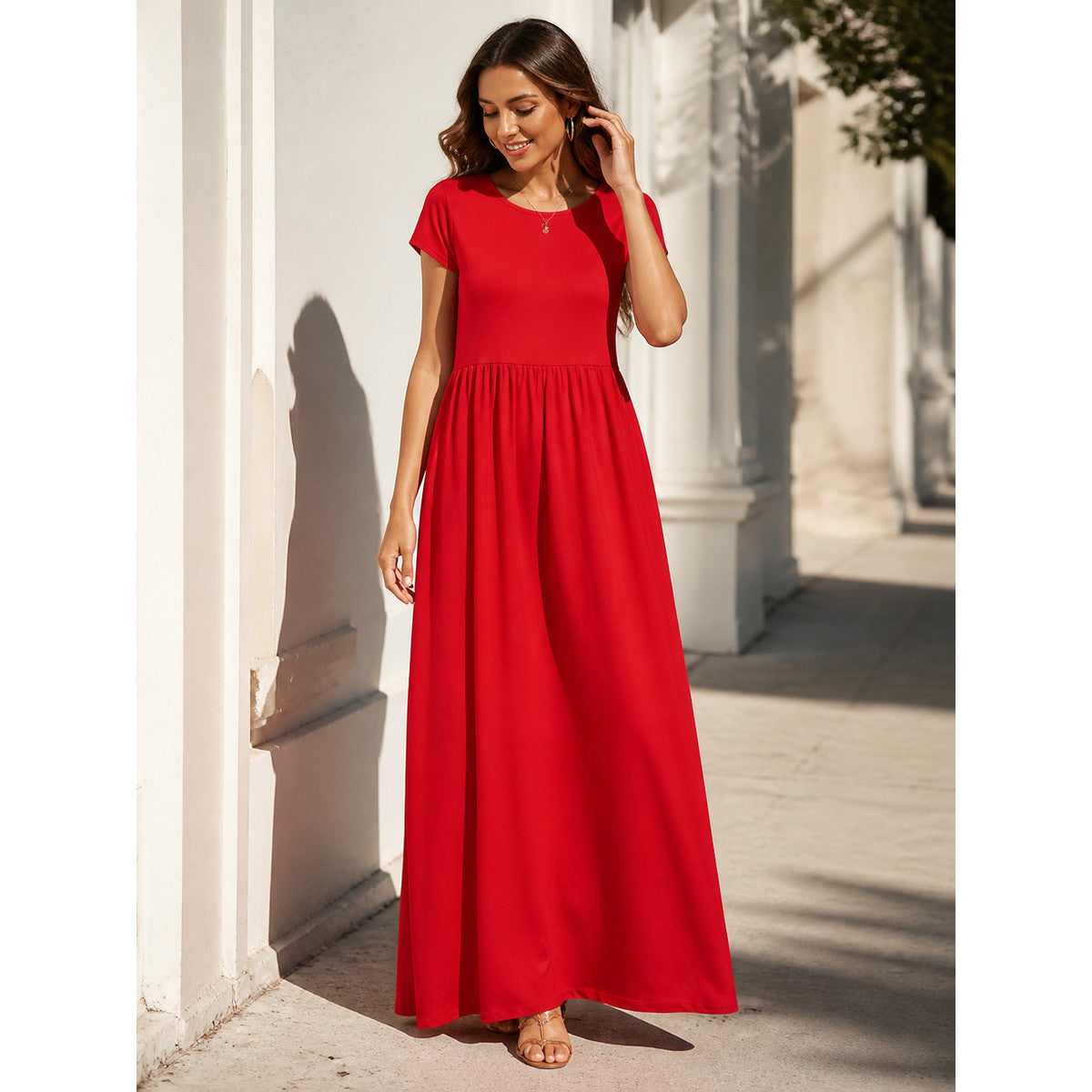 Red Women's Maxi Dress with Short Sleeves and Shirring