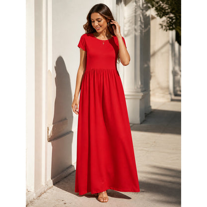 Red Women's Maxi Dress with Short Sleeves and Shirring