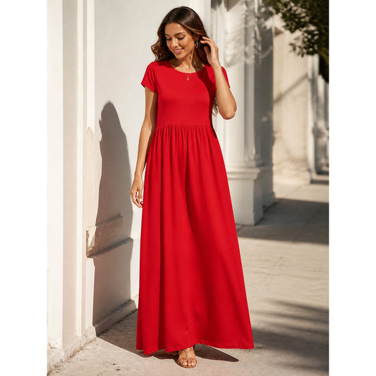 Red Women's Maxi Dress with Short Sleeves and Shirring