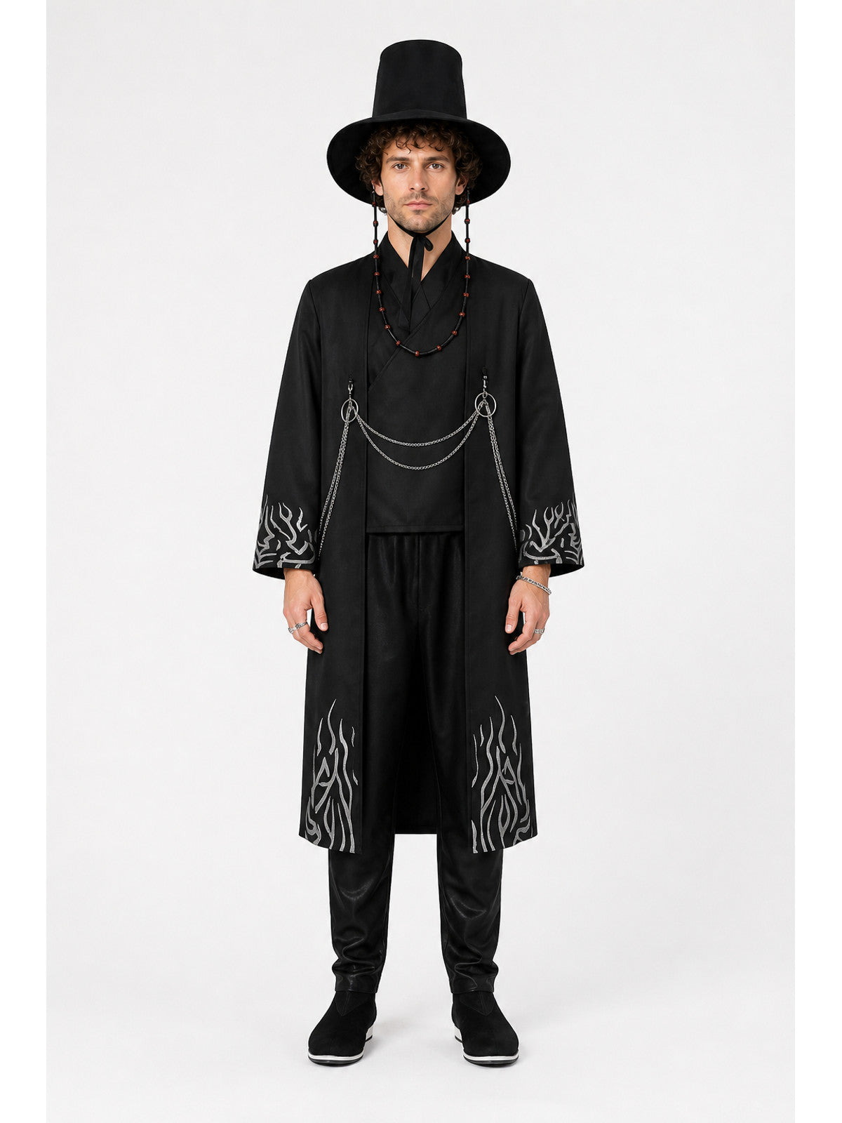 Black cosplay costume with long coat and hat main product view