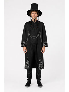 Black cosplay costume with long coat and hat