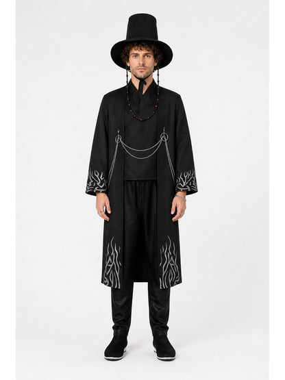 Black cosplay costume with long coat and hat main product view
