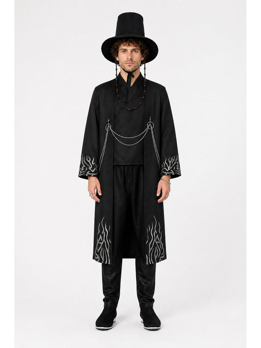 Black cosplay costume with long coat and hat main product view