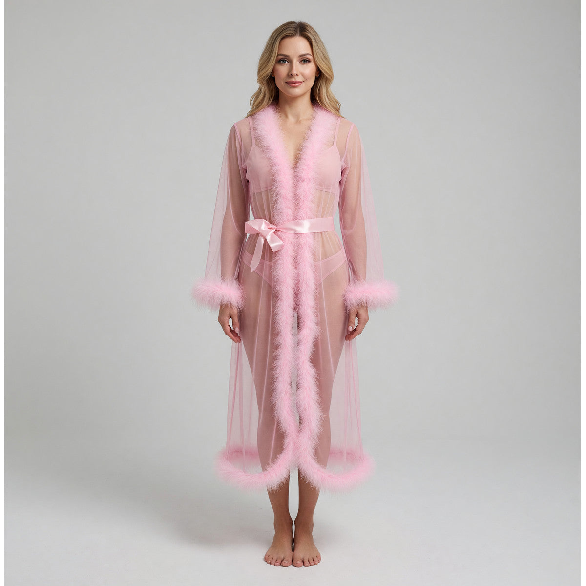Open-Front Long Robe with Fluffy Trim