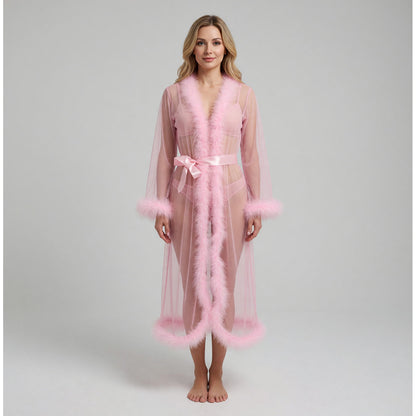 Open-Front Long Robe with Fluffy Trim