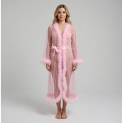 Long Robe with Open Front and Fluffy Trim