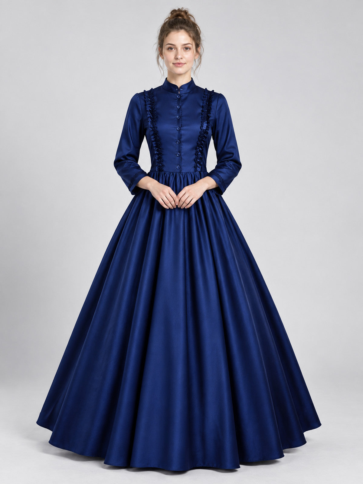 Dark blue medieval dress with a stand collar