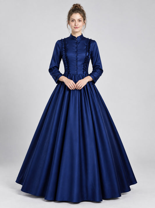 Dark blue medieval dress with a stand collar