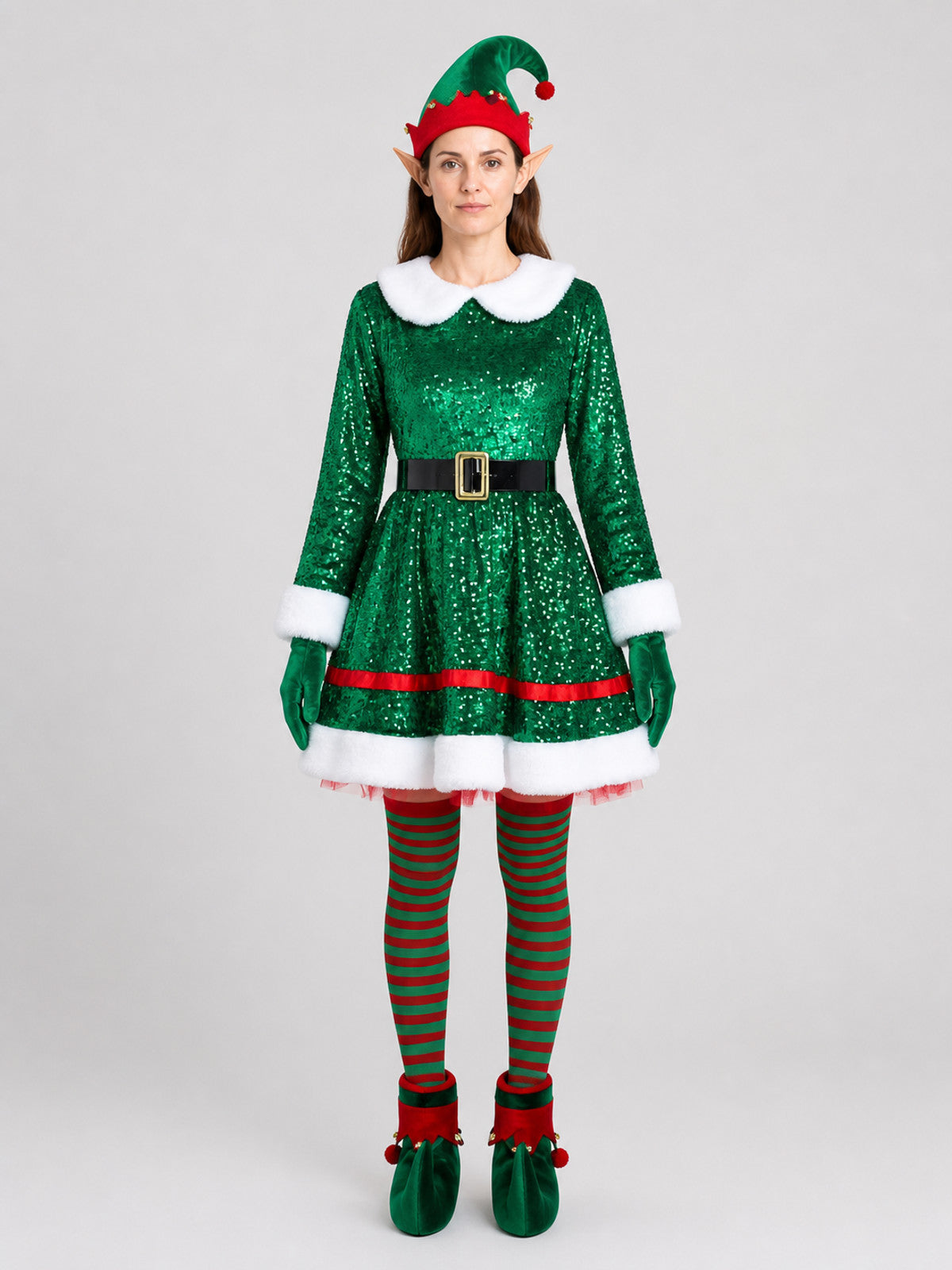 Sequin Elf Costume Dress with Hat and Accessories on-model view