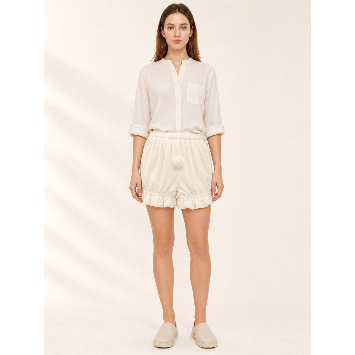 Women's bloomer shorts with ruffles and a tail on-model front view