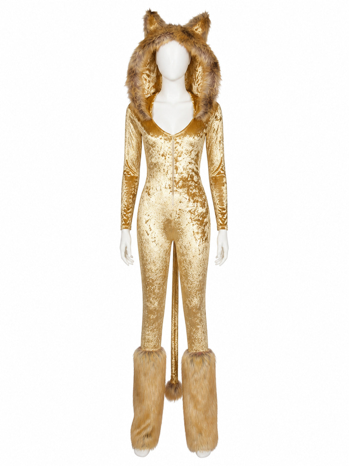 Golden Brown Hooded Animal Jumpsuit Costume with Plush Trim, Halloween Cosplay on-model view