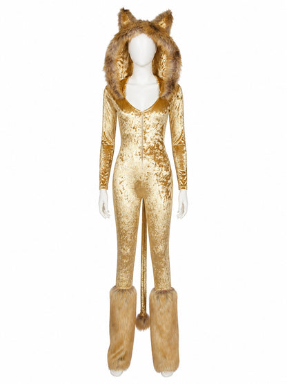 Golden Brown Hooded Animal Jumpsuit Costume with Plush Trim, Halloween Cosplay on-model view