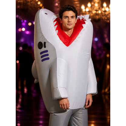 Adult Shark Costume Jumpsuit with Striped Fins and Teeth, Halloween Party Outfit on-model view
