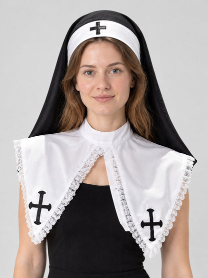 Black and white nun's headpiece with cross and veil