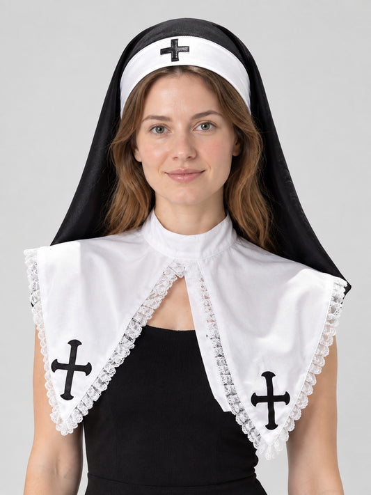 Black and white nun's headpiece with cross and veil