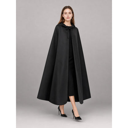 Long black hooded costume cape front view