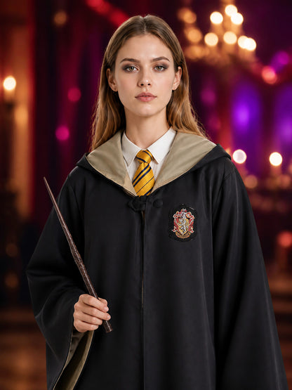 Kids Wizard Hooded Robe Costume Set with Yellow and Dark Blue Striped Tie and on-model view