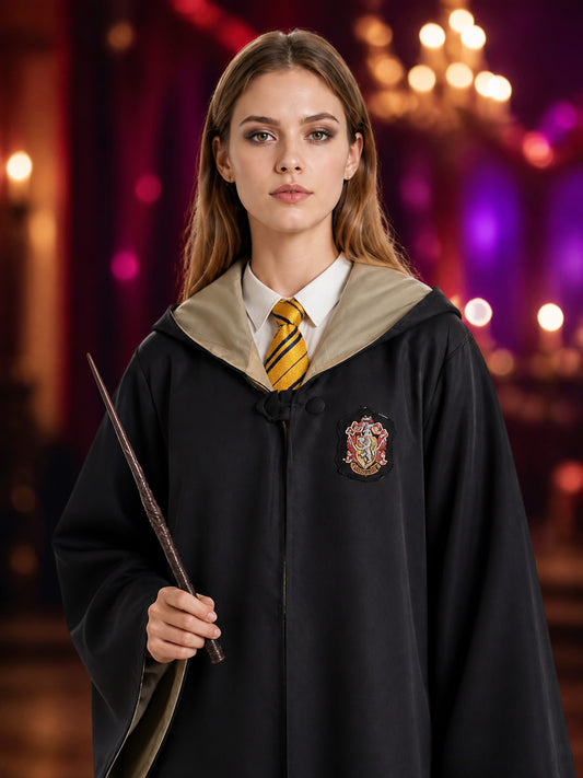 Kids Wizard Hooded Robe Costume Set with Yellow and Dark Blue Striped Tie and on-model view