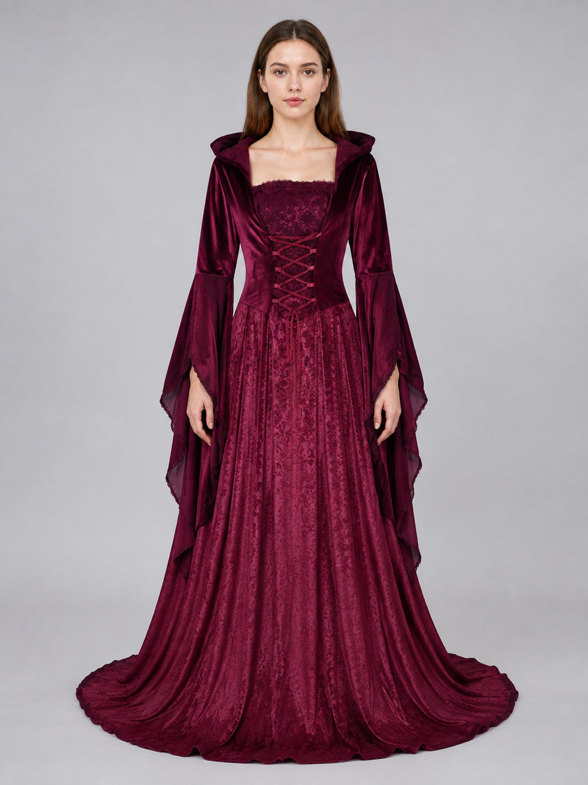 Burgundy costume dress in a medieval style with a hood on-model view