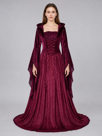 Burgundy costume dress in a medieval style with a hood on-model view