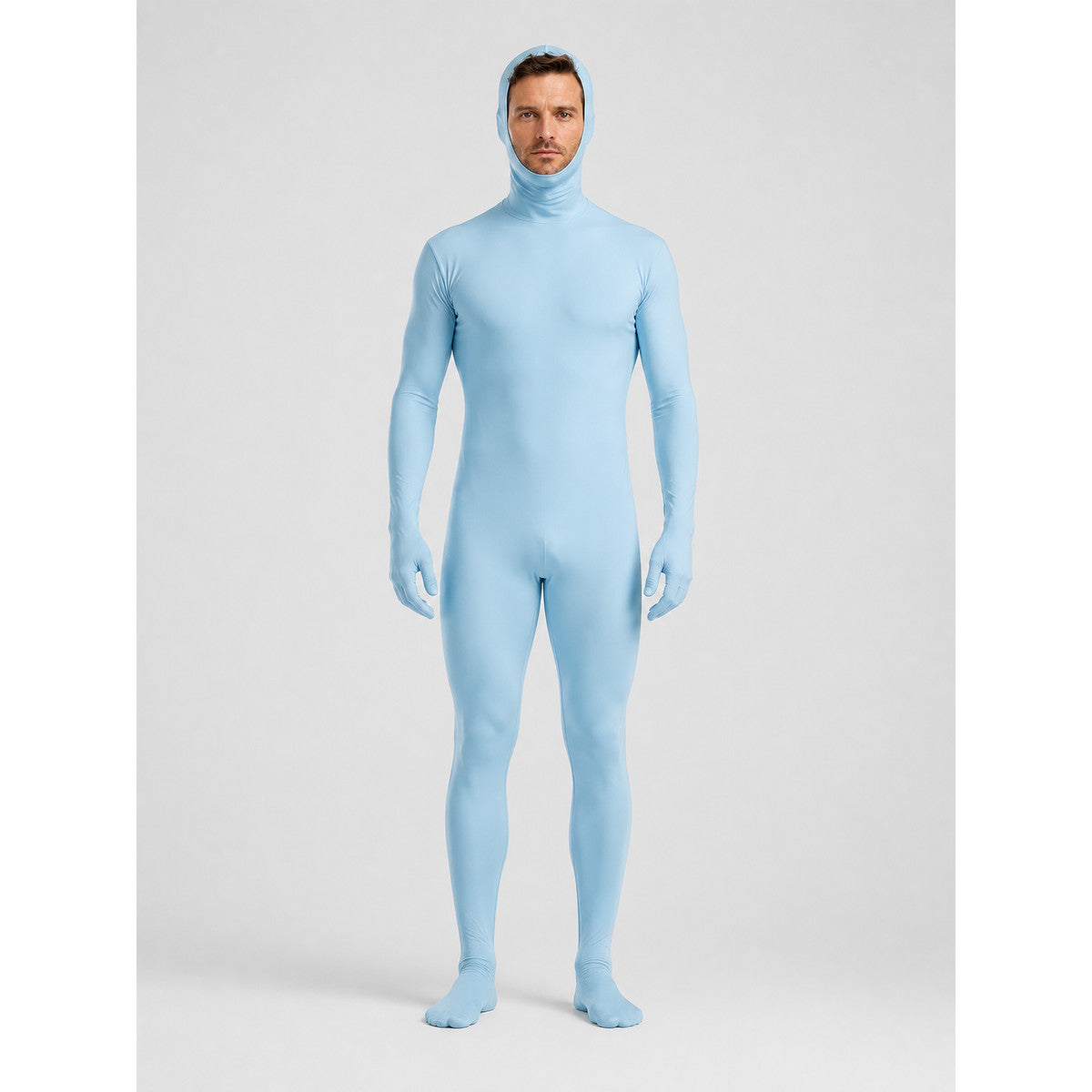 Light Blue Zentai Bodysuit with Hood on-model view