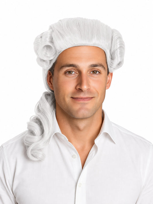 White synthetic-look costume wig shown on a model, with curled side rolls, swept crown, and long curled ponytail in a front portrait