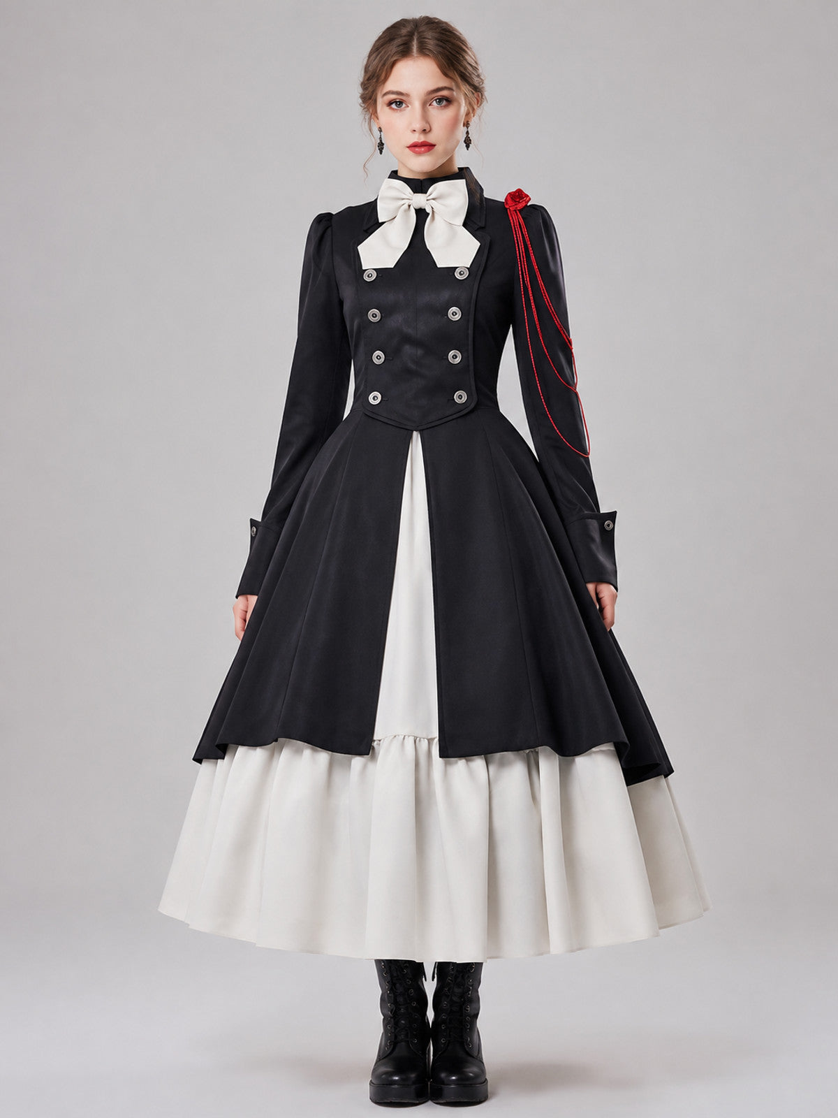 Gothic Dress with White Bow and Lacing on-model view