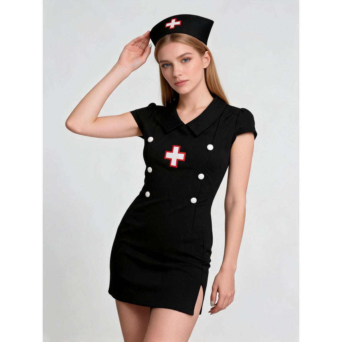 Black Nurse Costume with Cap on-model view